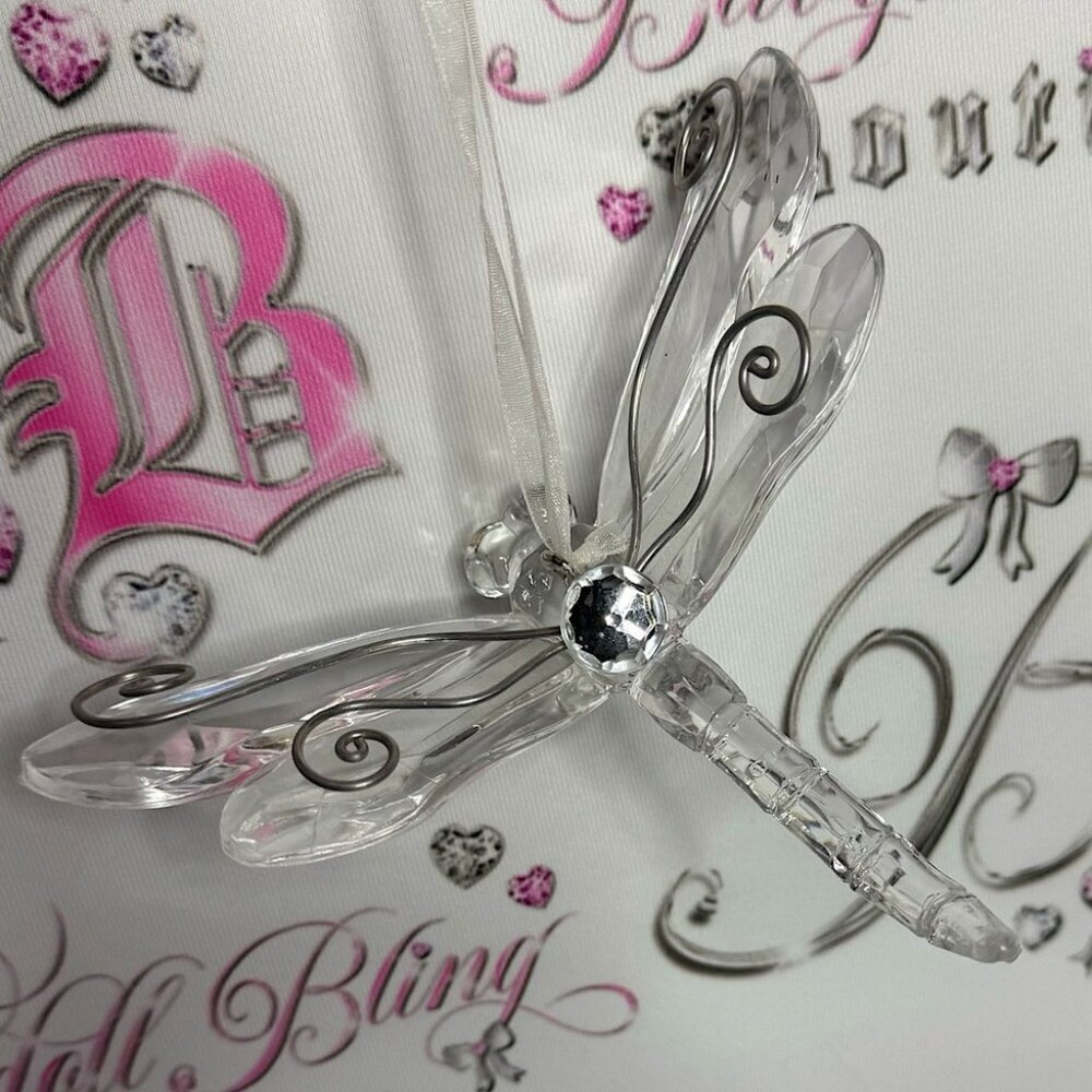 Dragonfly ornament sun catcher clear lucid silver rhinestone crystal bling luxe